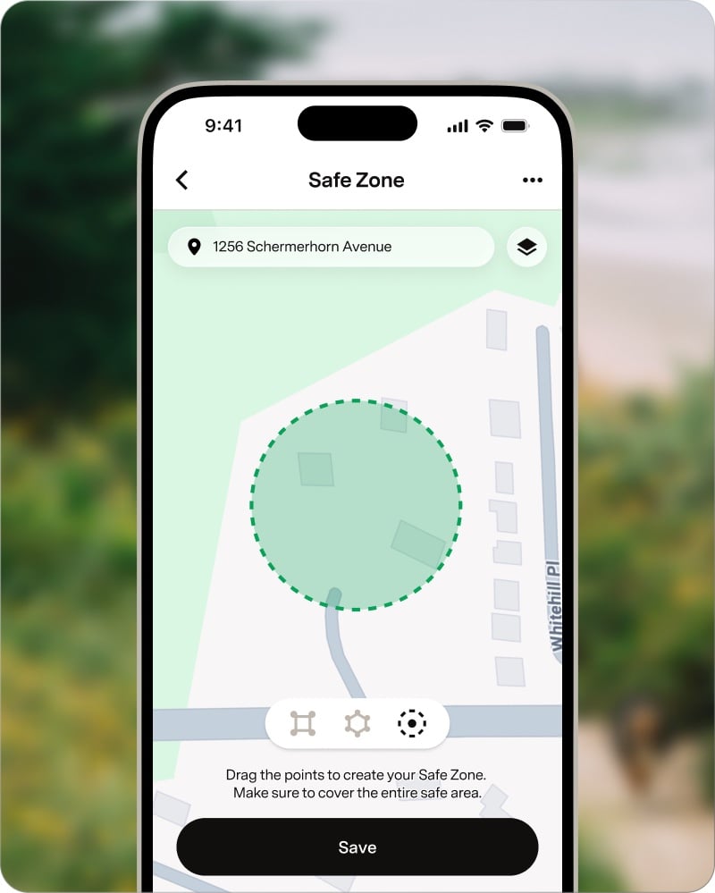 The Fi app’s Safe Zone editor drawing a boundary around a home